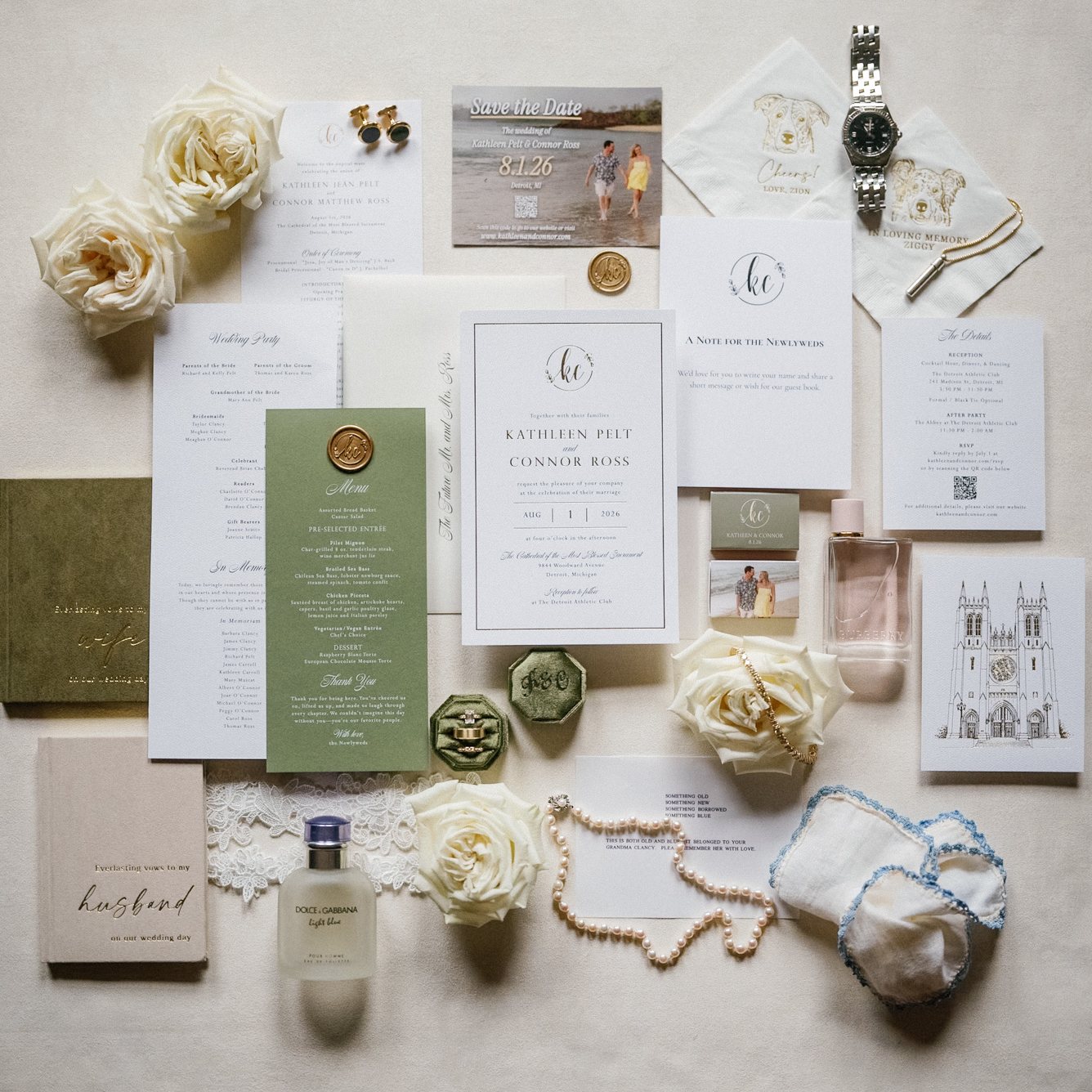 Wedding invitation flat lay, after editing; photograph by Michele Maloney