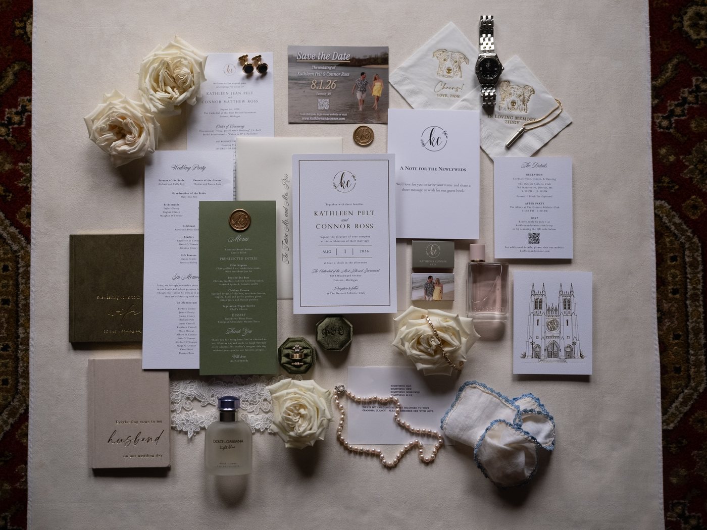 Wedding invitation flat lay, before editing; photograph by Michele Maloney