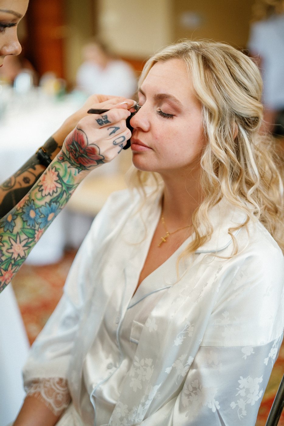 Bride during makeup preparation, after editing; photograph by Michele Maloney