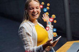 a beautiful young woman blogger, vlogger or influencer is receiv
