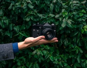 male hand holding a vintage film camera in the air. green nature