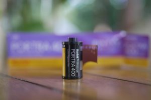 closeup shot of kodak portra 400 film on wooden table