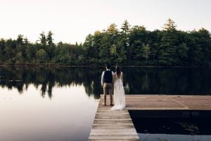 bride and groom at sunset but he lake