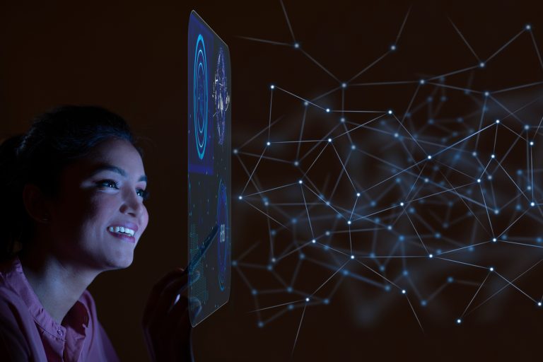 businesswoman working with icons on virtual screen
