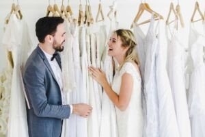 beautiful portrait model wedding couple in studio shop
